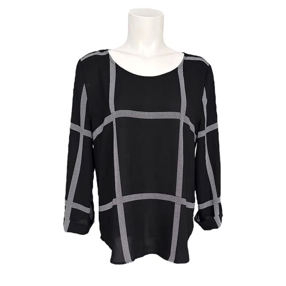 41 Hawthorn Women’s Black Scoop Neck Bixby Windowpane‎ Blouse Size Medium - Picture 1 of 7